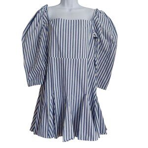 Mille Resort & Travel  Cottage Nautical Coastal Stripe Puff Sleeve Tiered Dress